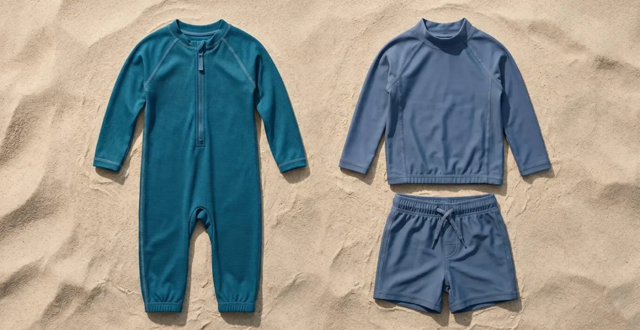 Comparaison visuelle entre une combinaison intégrale et un ensemble t-shirt anti-UV pour bébé sur la plage