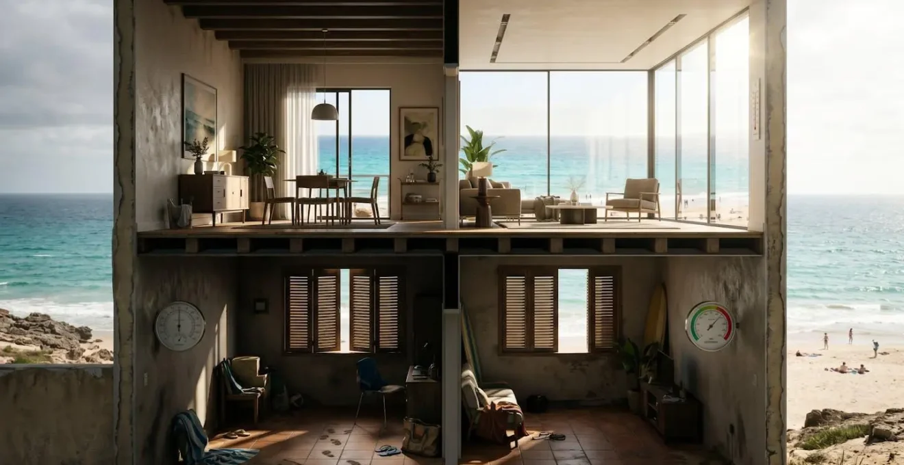 Vue en coupe d'un immeuble en bord de mer montrant les différents niveaux et leurs spécificités