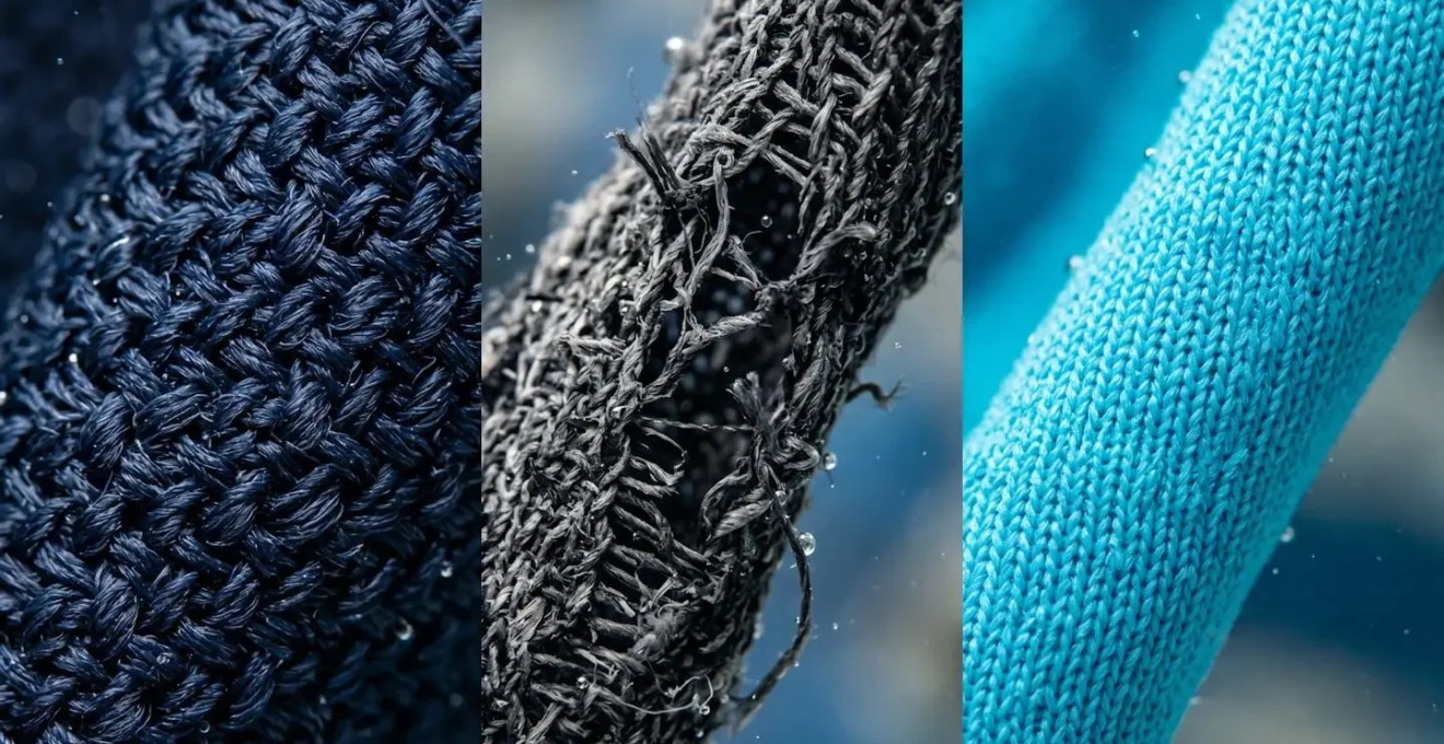 Vue macro détaillée de fibres textiles de maillot de bain montrant les différences de structure