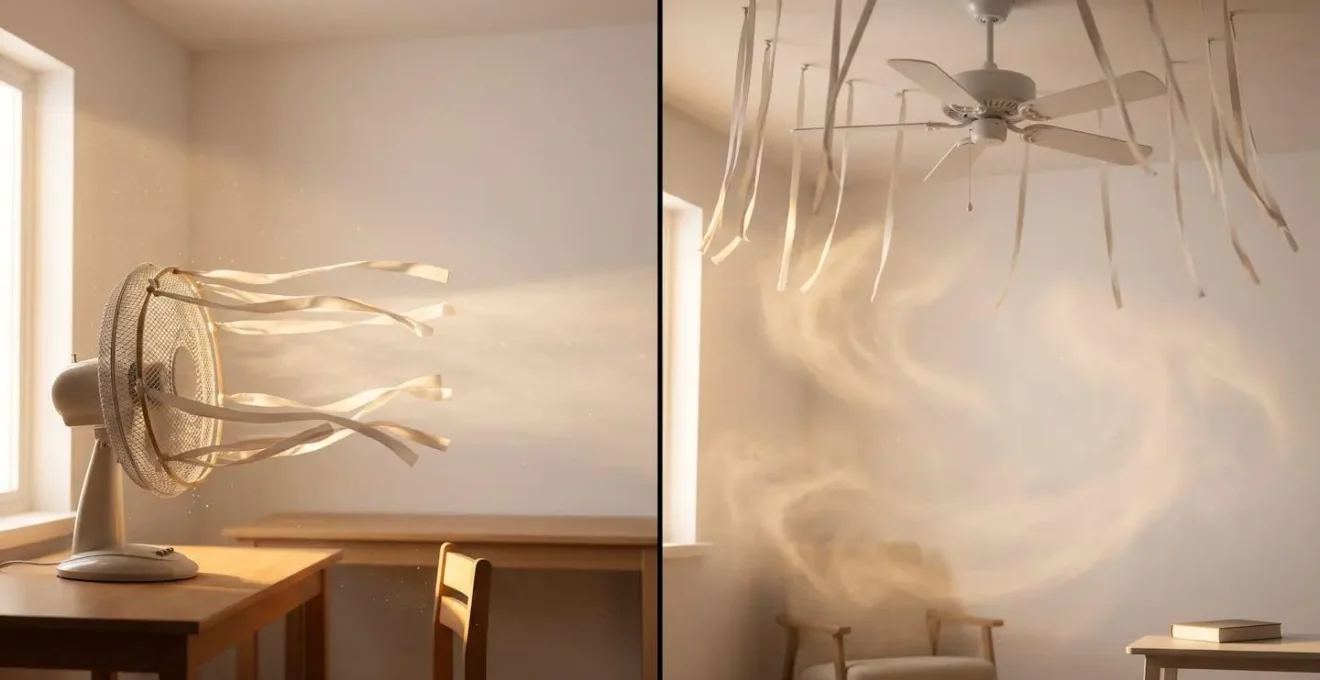 Vue latérale d'une pièce montrant les différents flux d'air créés par un ventilateur et un brasseur de plafond