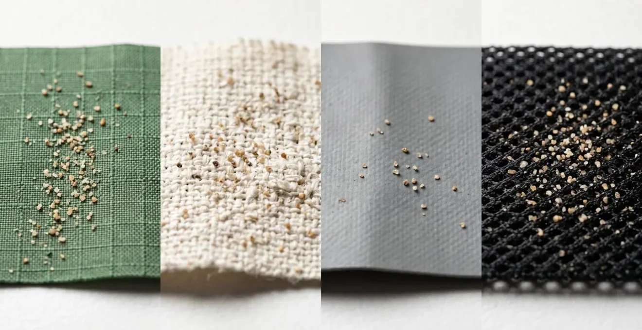 Comparaison macro de différents tissus de sacs de plage avec grains de sable