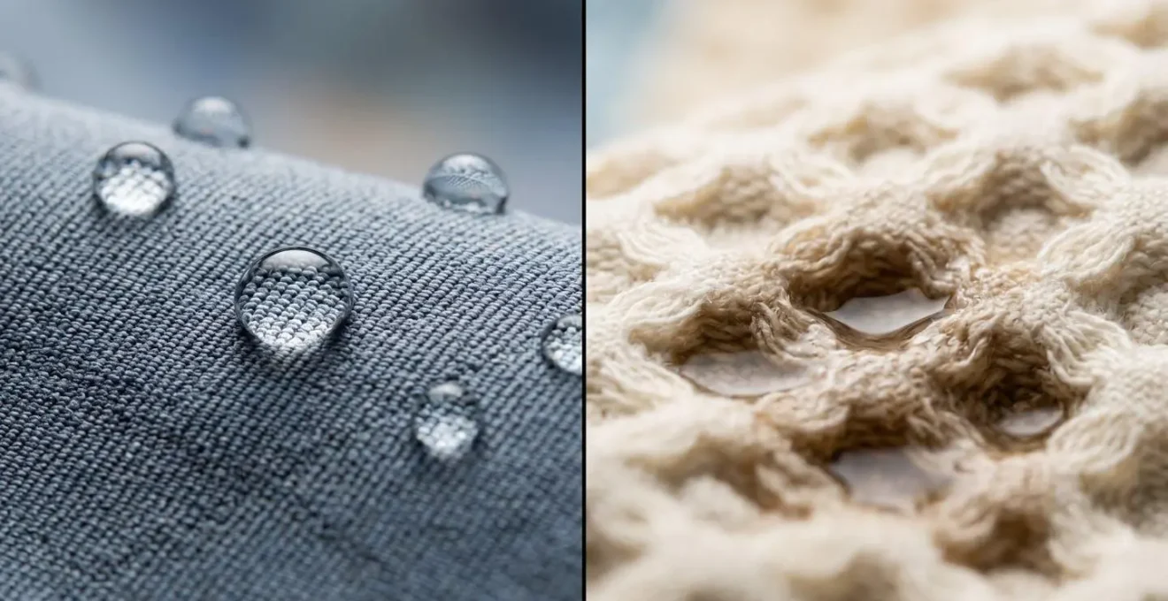 Gros plan macro sur les textures de microfibre et coton nid d'abeille avec gouttelettes d'eau