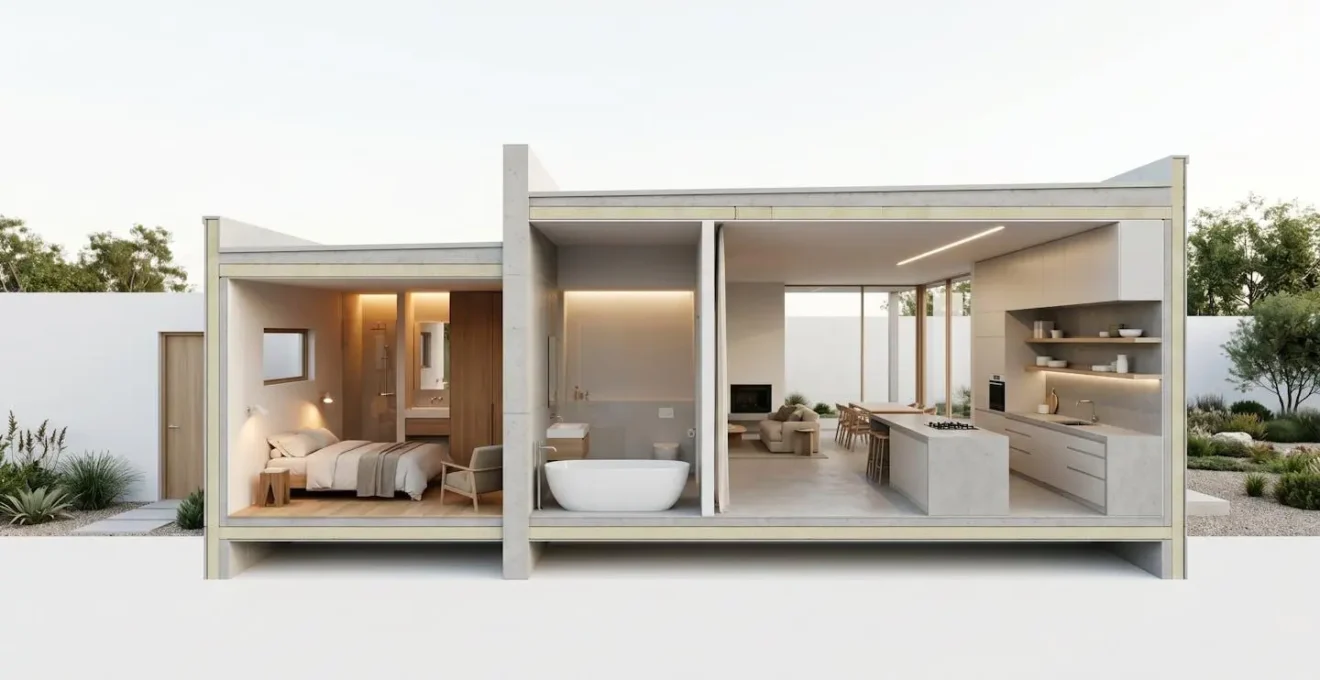 Vue éclatée montrant différents espaces d'une maison avec zones privées et communes