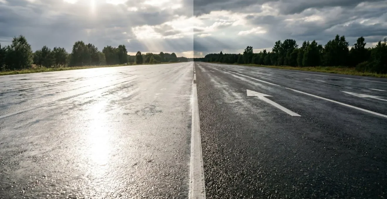 Comparaison visuelle de la route mouillée avec et sans verres polarisés