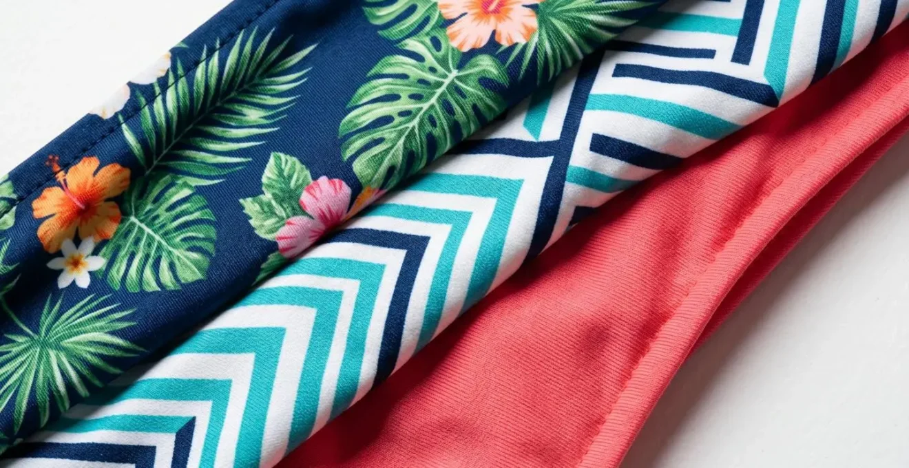Composition artistique de maillots de bain avec différents motifs floraux et géométriques