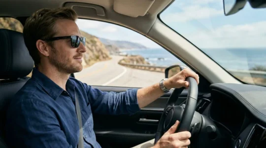 Conducteur portant des lunettes de soleil au volant sur une route ensoleillée en été
