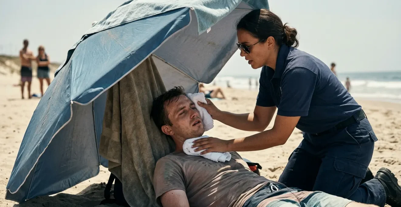 Scène d'urgence médicale sur une plage avec secouriste appliquant des linges humides sur une personne souffrant d'insolation