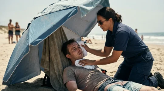 Scène d'urgence médicale sur une plage avec secouriste appliquant des linges humides sur une personne souffrant d'insolation