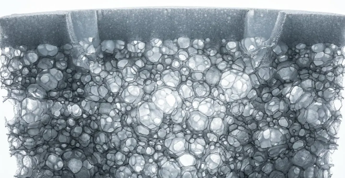 Vue macro d'une coupe de semelle EVA montrant la structure alvéolaire isolante