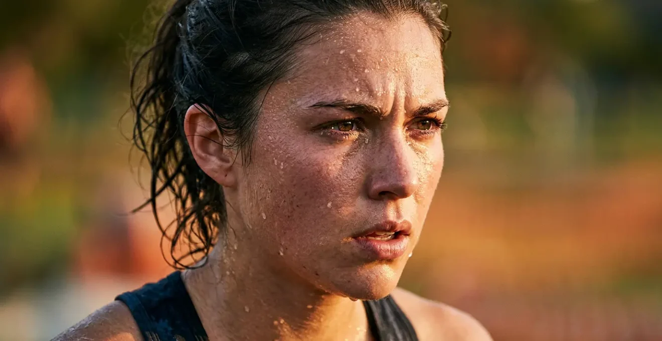 Coureur en plein effort sous le soleil estival avec de la transpiration visible sur le visage