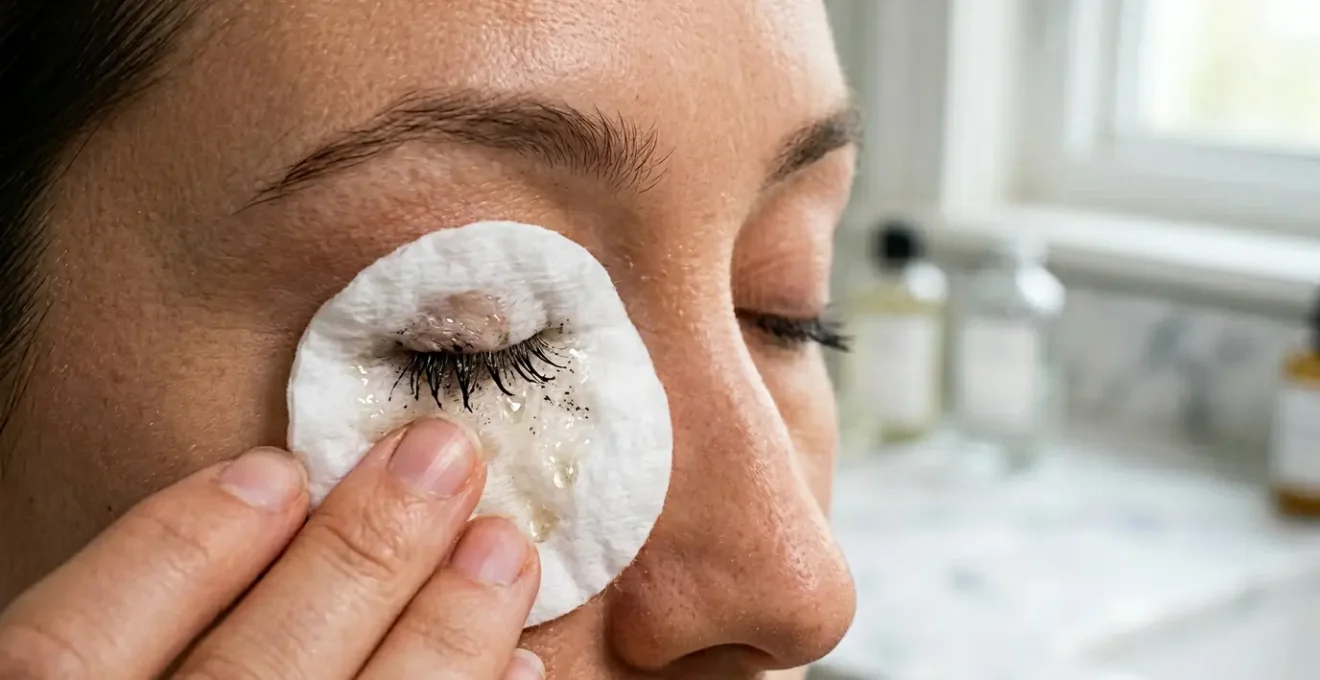 Technique de démaquillage doux du mascara waterproof avec coton et huile