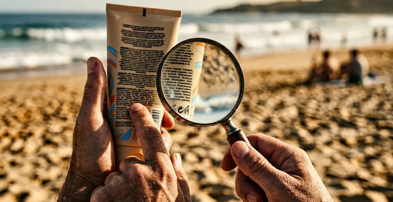Main analysant les ingrédients au dos d'un tube de crème solaire avec loupe, plage floue en arrière-plan