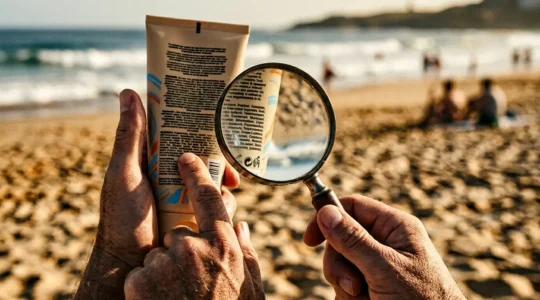 Main analysant les ingrédients au dos d'un tube de crème solaire avec loupe, plage floue en arrière-plan