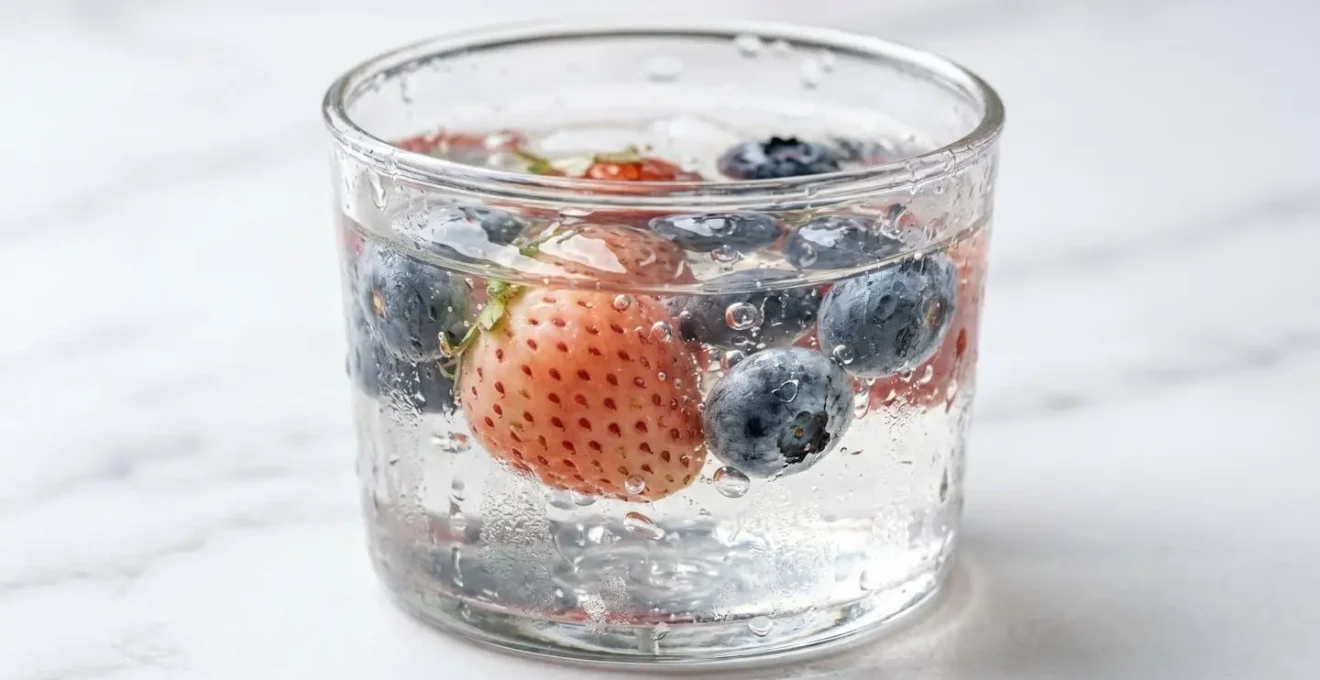Verrine élégante d'eau gélifiée avec fruits rouges présentée comme un dessert