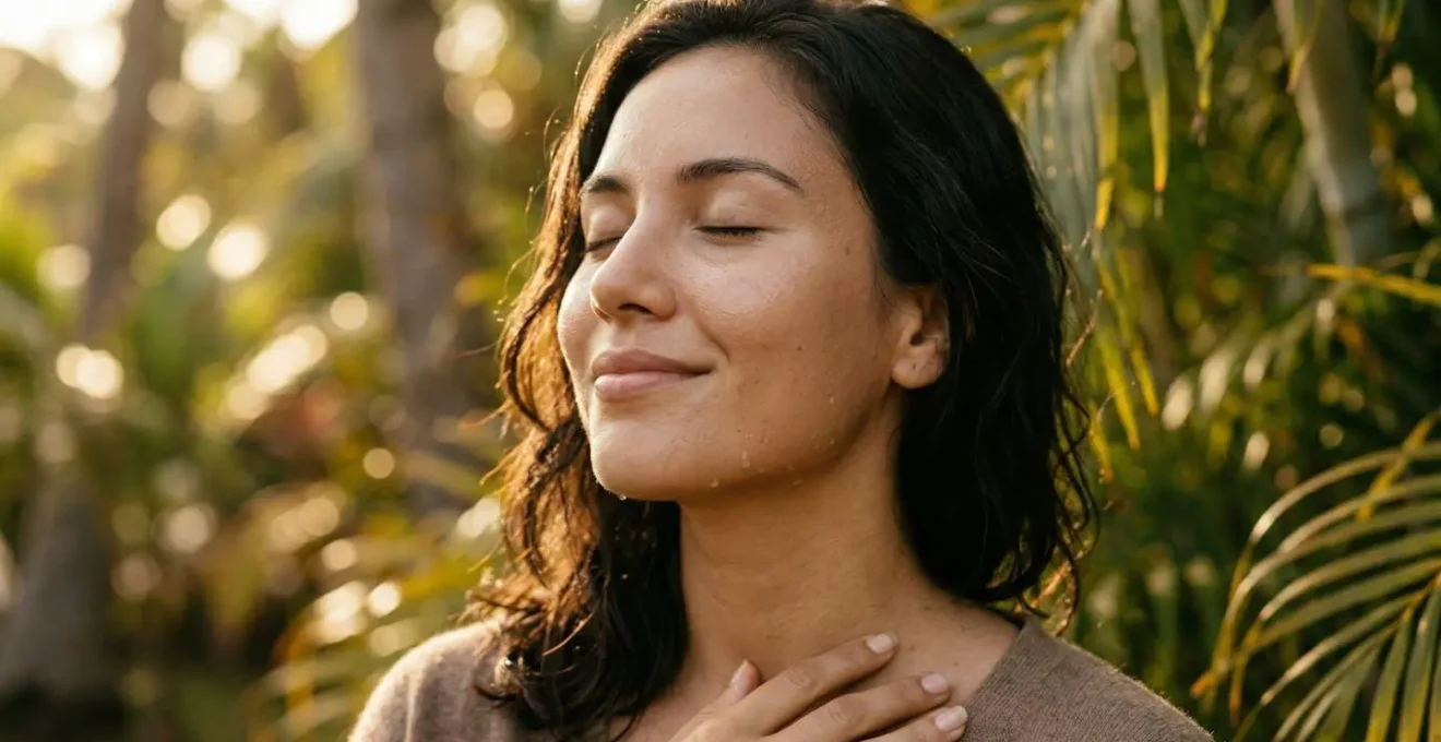 Visage lumineux avec peau radieuse et hydratée dans une lumière dorée estivale