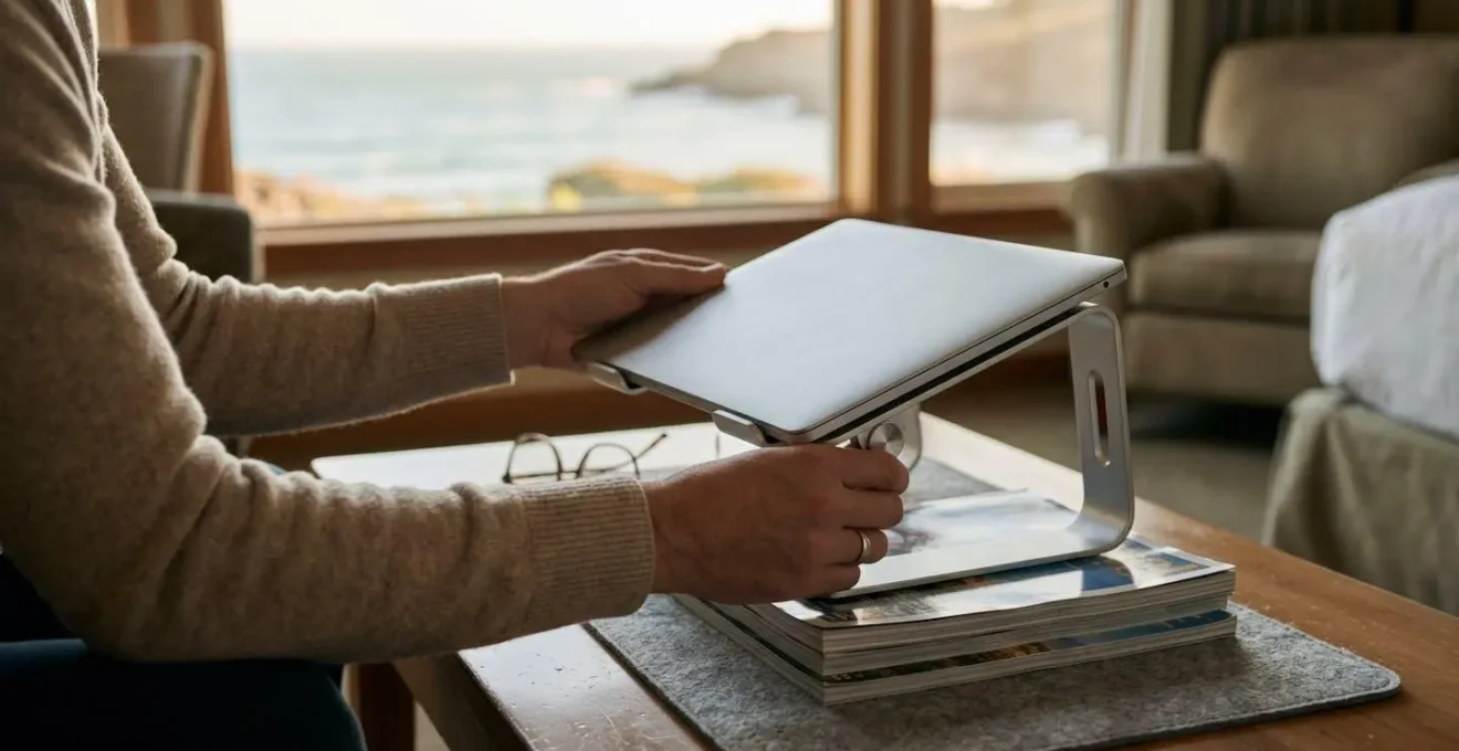 Salon de suite hôtelière transformé en bureau avec ordinateur portable surélevé et vue sur l'océan