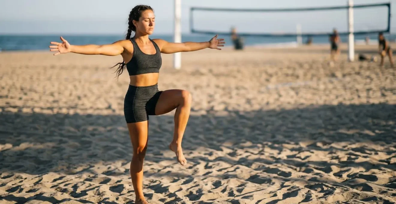 Joueur effectuant des exercices d'équilibre sur une jambe dans le sable avant un match