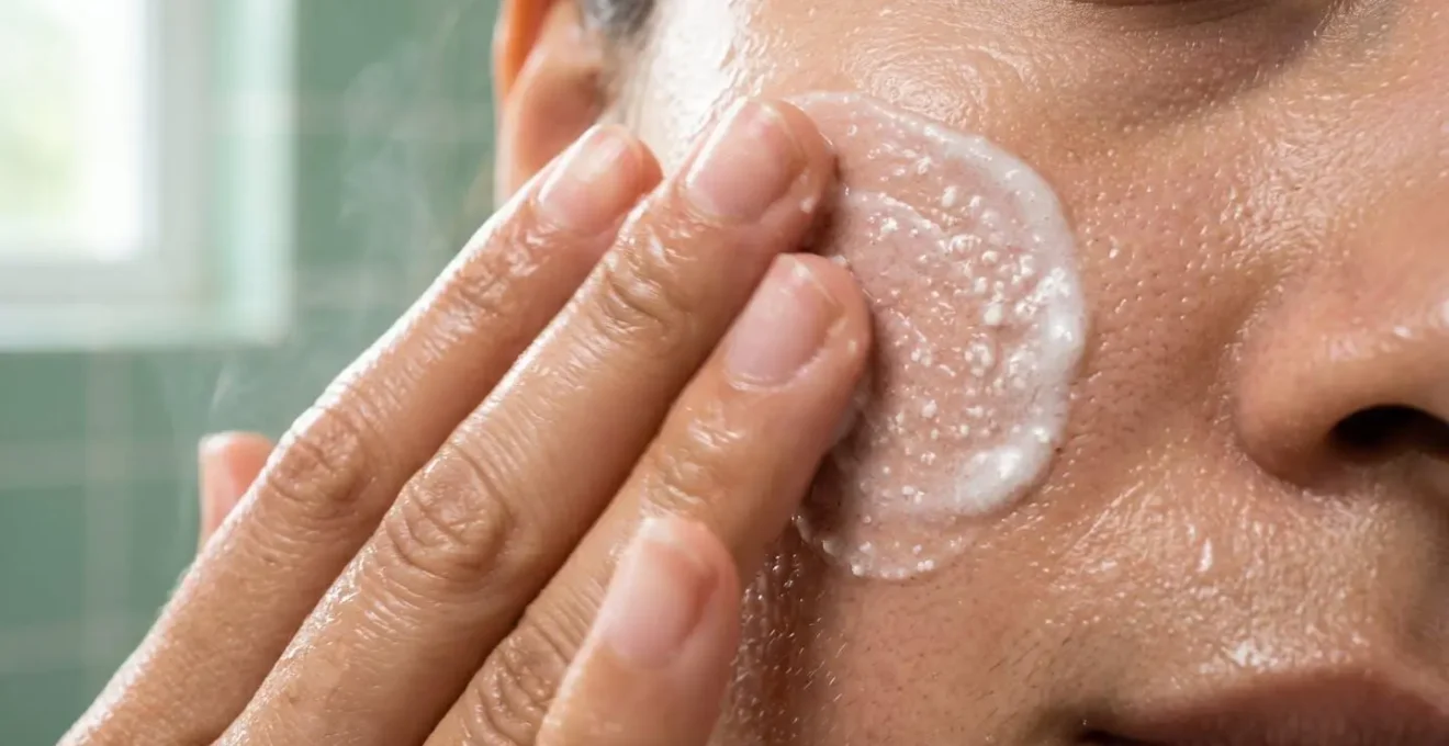 Texture crémeuse d'un exfoliant enzymatique sur peau humide