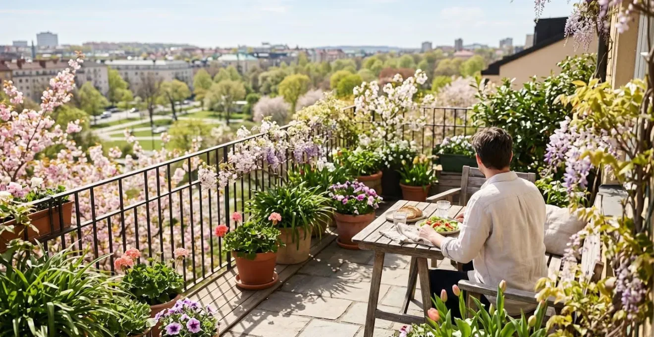 Terrasse ensoleillée de printemps avec personne prenant une pause déjeuner au soleil