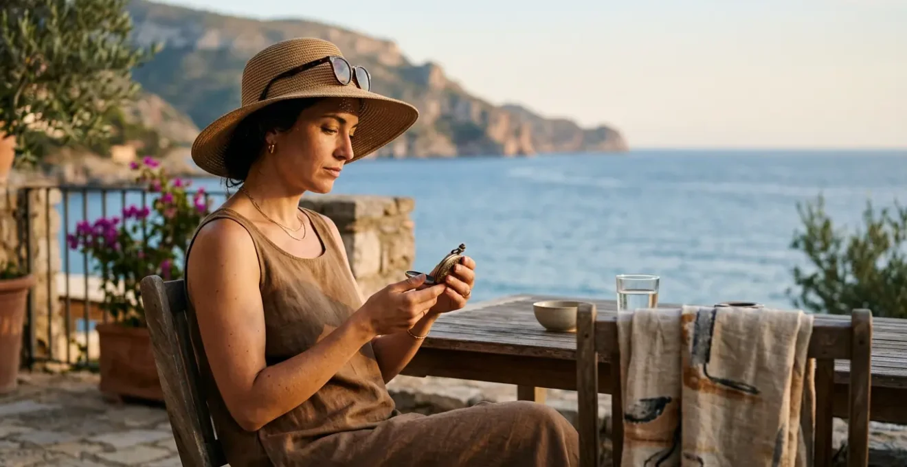 Femme mesurant le temps d'exposition au soleil avec un chronomètre sur une plage ensoleillée