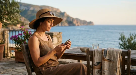 Femme mesurant le temps d'exposition au soleil avec un chronomètre sur une plage ensoleillée