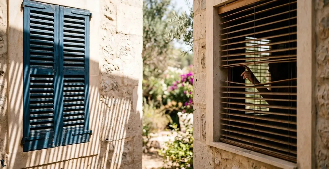 Façade de maison montrant différents états d'ouverture des volets selon l'orientation et l'heure de la journée