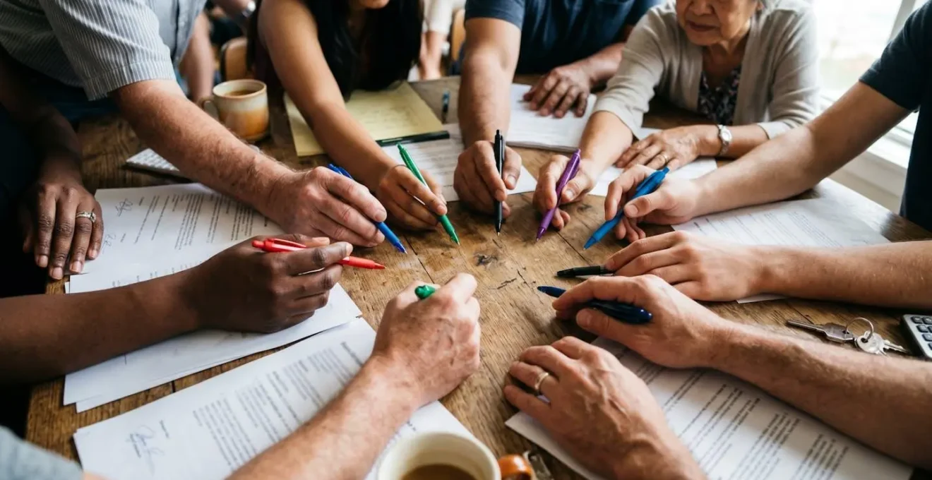 Mains de plusieurs personnes signant ensemble un contrat de location sur une table en bois