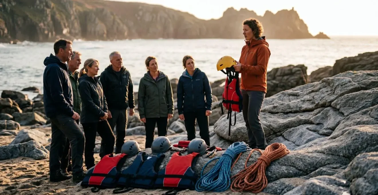 Guide certifié donnant un briefing de sécurité à un groupe sur une plage