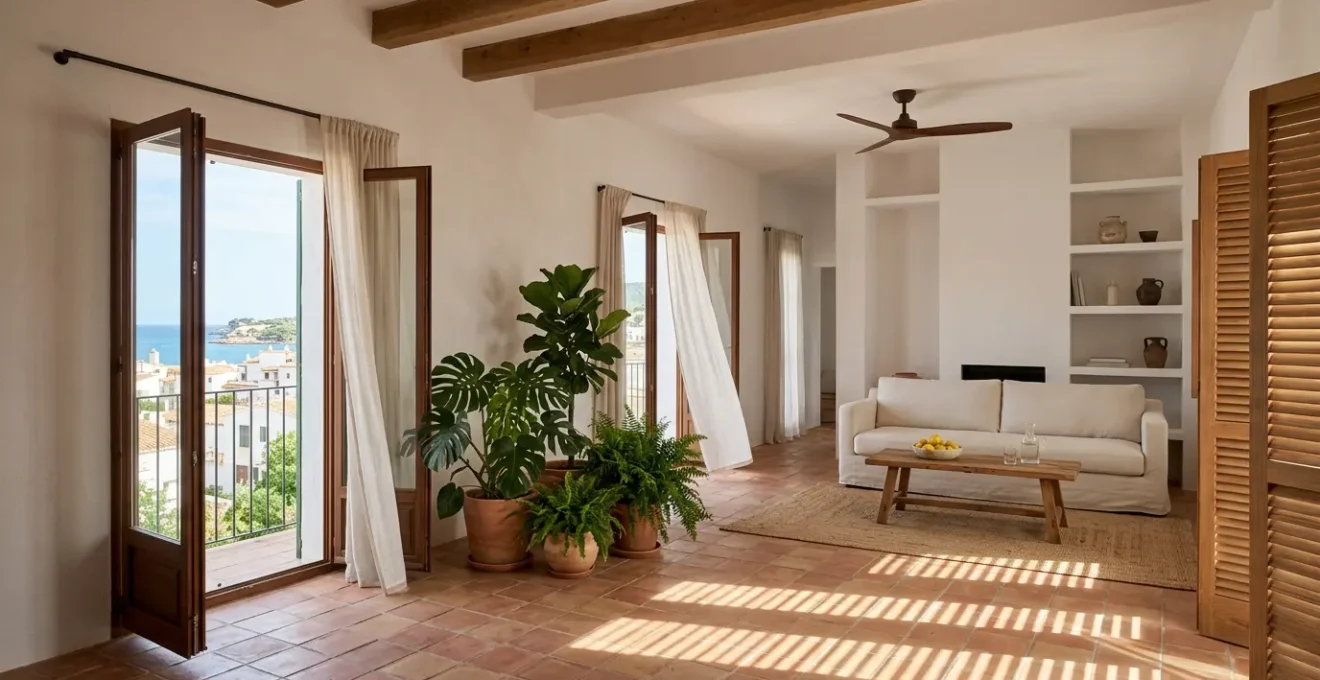 Intérieur d'appartement ensoleillé avec volets partiellement fermés créant des jeux d'ombre, plantes vertes et système de ventilation naturelle
