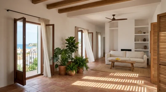 Intérieur d'appartement ensoleillé avec volets partiellement fermés créant des jeux d'ombre, plantes vertes et système de ventilation naturelle