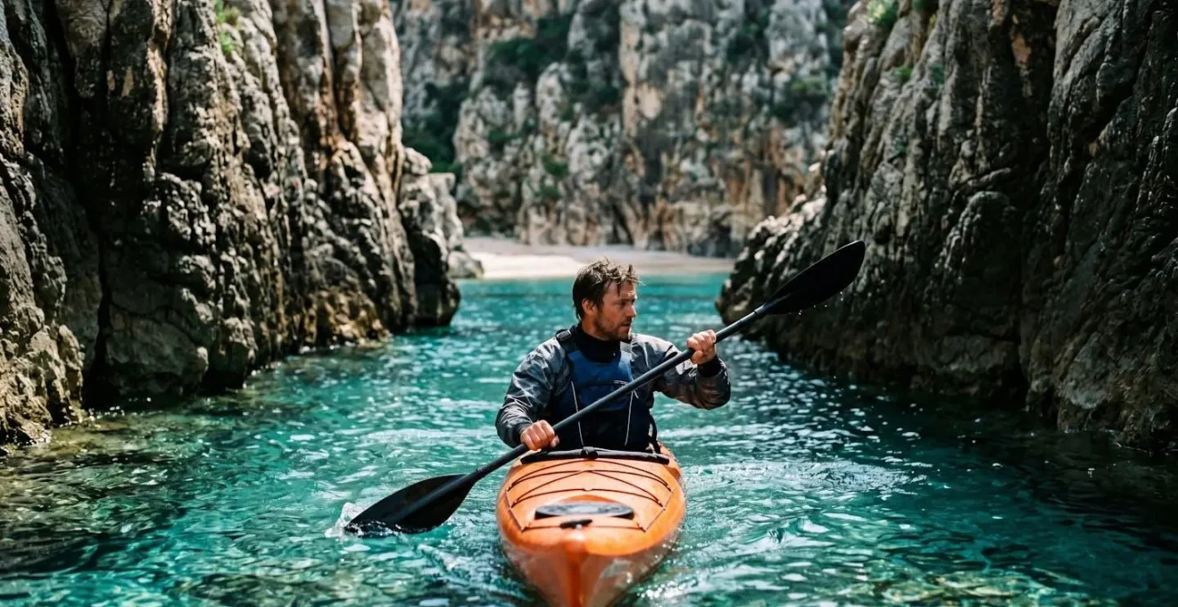 Kayakiste naviguant prudemment vers une crique encaissée entre des falaises