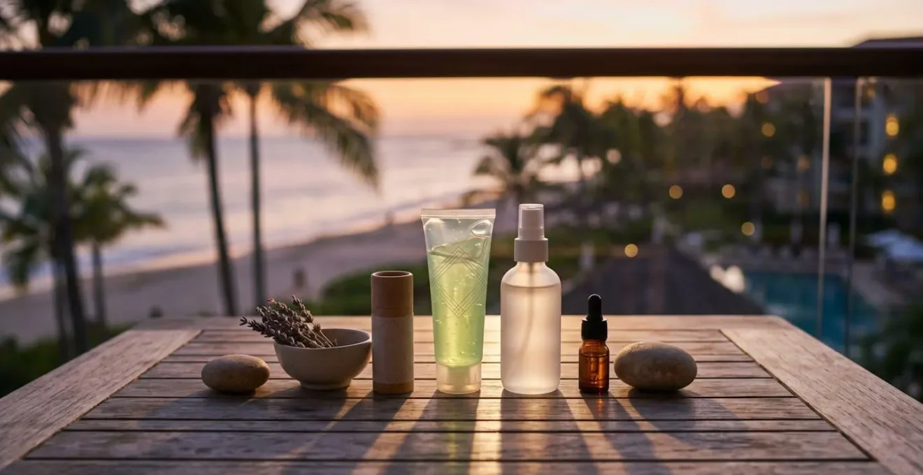 Kit de soins après-soleil naturels disposés sur une table de voyage, incluant aloe vera et brume d'eau thermale.