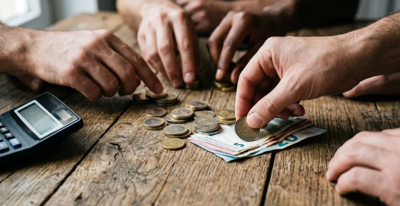 Table ronde avec calculatrice et papiers organisés pour partage de frais entre amis