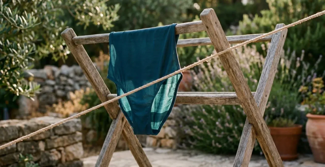 Maillot de bain séchant à l'ombre sur une corde en bois naturel