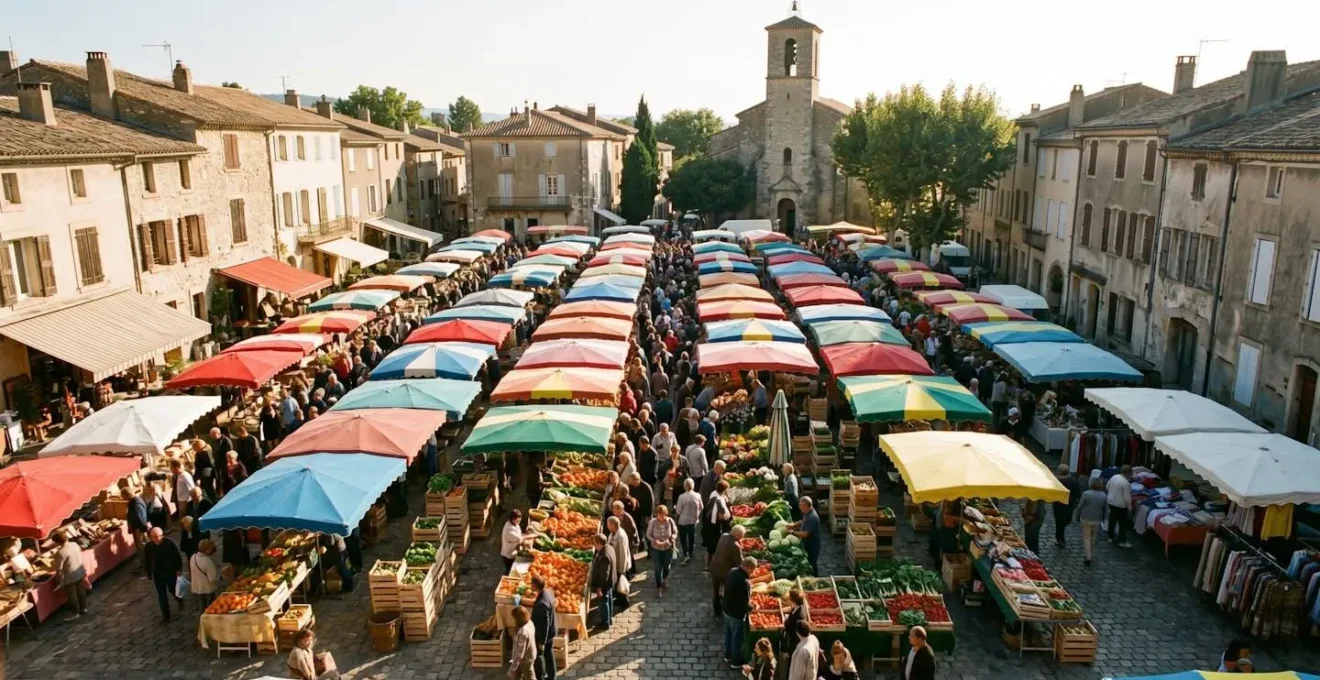 Marché dominical français animé avec vue d'ensemble des étals et de la foule