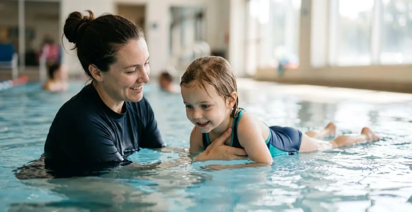Enfant avec instructeur apprenant la flottaison en eau peu profonde dans une piscine ensoleillée
