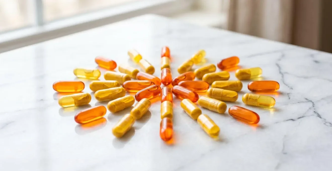 Vue macro de capsules de compléments alimentaires colorées sur surface blanche épurée