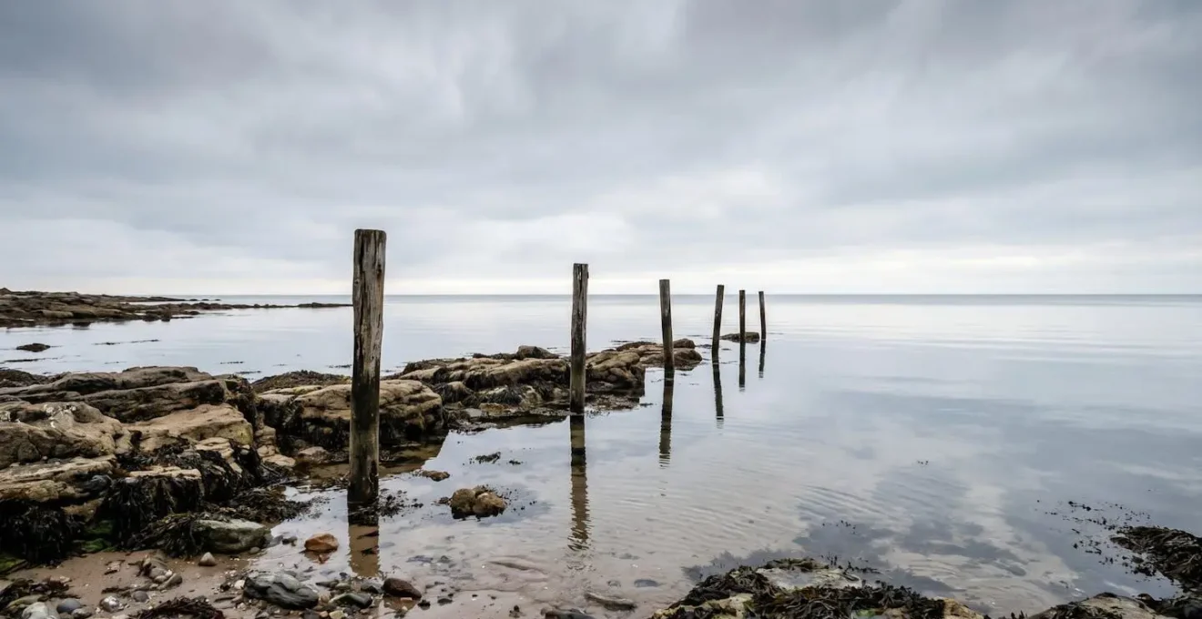 Vue large d'une côte rocheuse avec repères de marée visibles et eau parfaitement calme