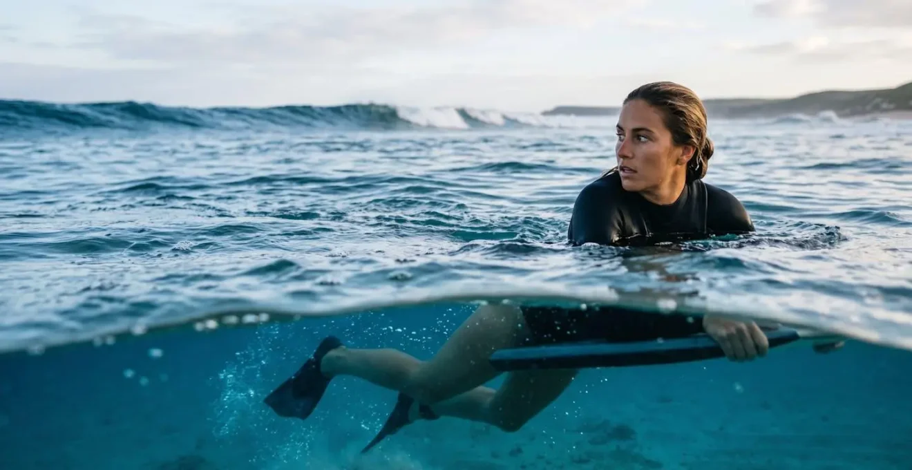 Vue sous-marine d'un bodyboardeur observant une série de vagues depuis l'eau, avec les lignes de houle visibles à l'horizon