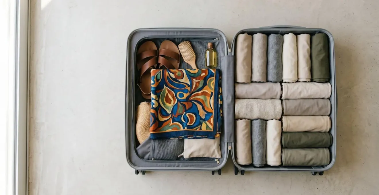 Vue aérienne d'une valise ouverte avec vêtements roulés et paréo central organisés méthodiquement