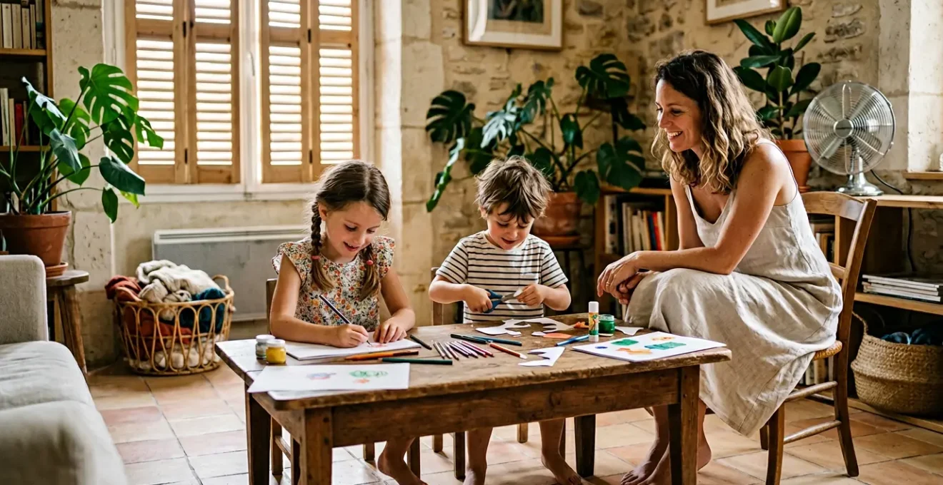 Parents et enfants pratiquant des activités créatives calmes dans un salon ombragé pendant les heures chaudes de l'été