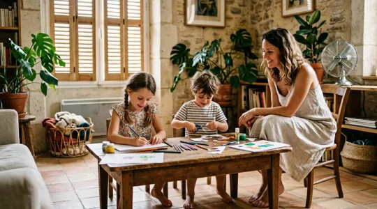 Parents et enfants pratiquant des activités créatives calmes dans un salon ombragé pendant les heures chaudes de l'été