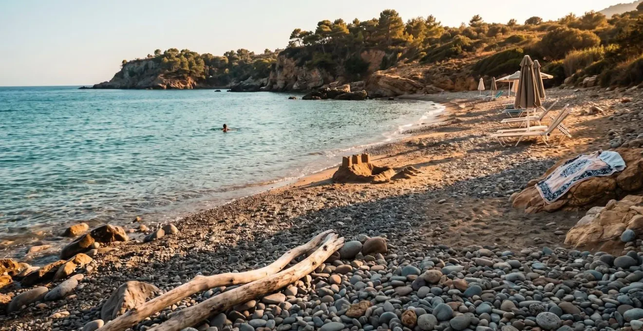Plage méditerranéenne calme en septembre avec eau cristalline et quelques baigneurs