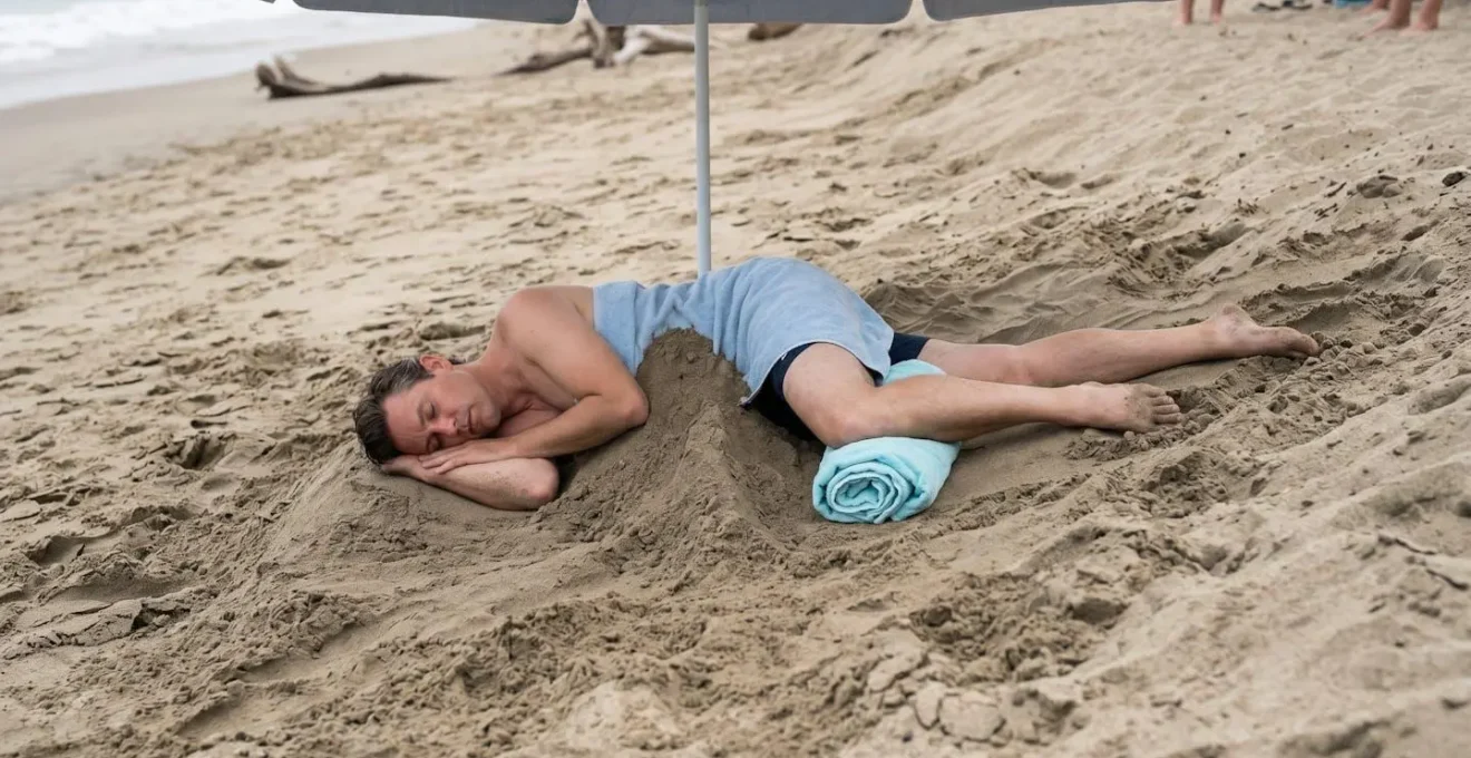 Personne inconsciente stabilisée en PLS sur du sable avec cales improvisées