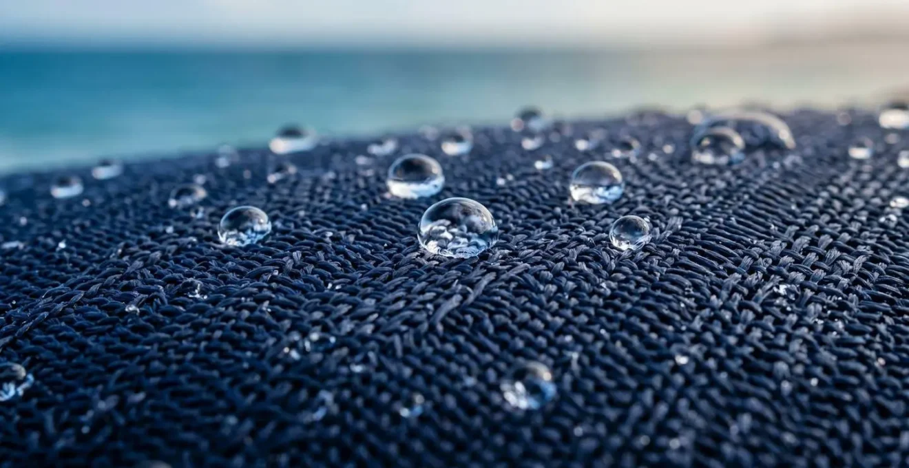 Gros plan macro sur la texture d'un lycra technique stretch montrant les fibres protectrices, avec de l'eau salée perlant sur la surface