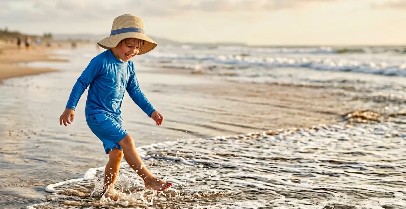 Enfant portant des vêtements anti-UV colorés sur une plage ensoleillée avec chapeau et lunettes de soleil