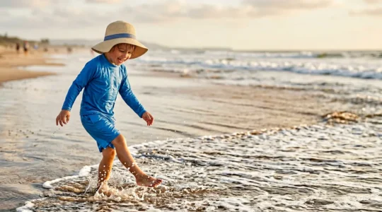 Enfant portant des vêtements anti-UV colorés sur une plage ensoleillée avec chapeau et lunettes de soleil
