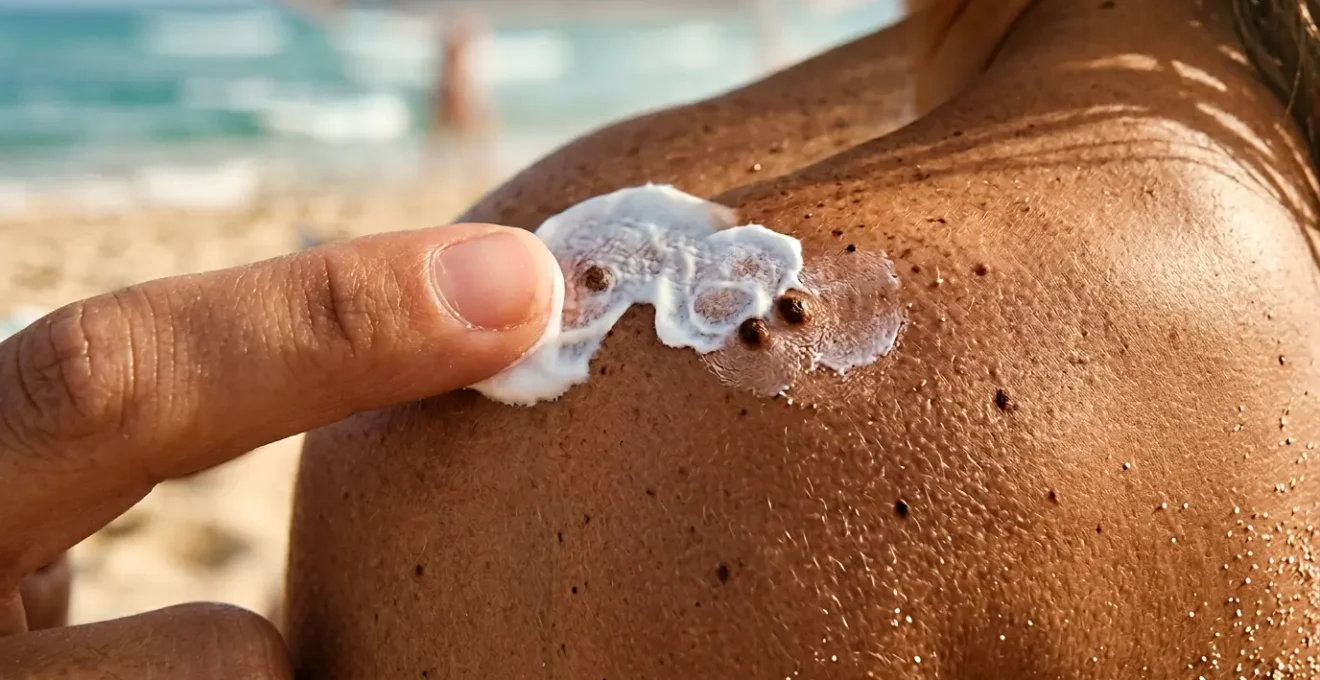 Main appliquant délicatement une protection solaire sur la peau bronzée avec des grains de beauté visibles, sous un parasol de plage