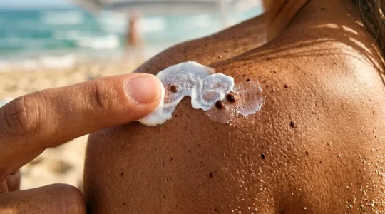 Main appliquant délicatement une protection solaire sur la peau bronzée avec des grains de beauté visibles, sous un parasol de plage
