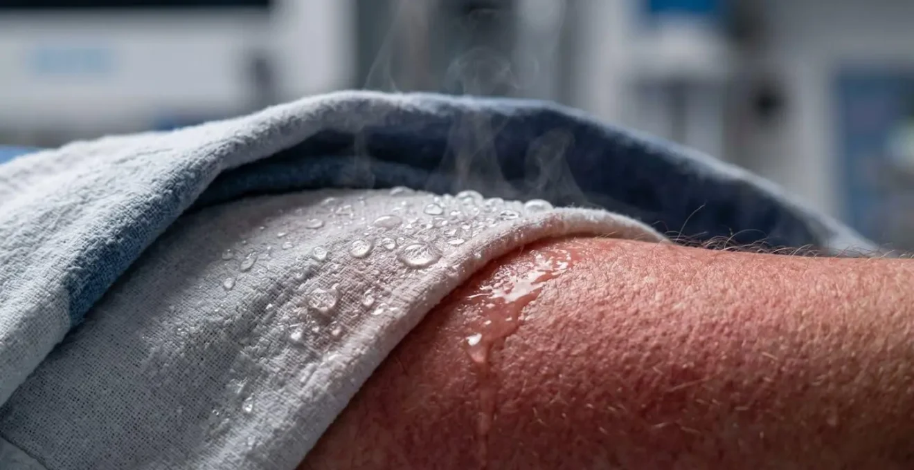 Application de linges humides sur une personne en hyperthermie avec ventilation active